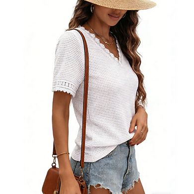 Women's Crochet Knit V Neck Top Lace Trim Short Sleeve Casual Blouse
