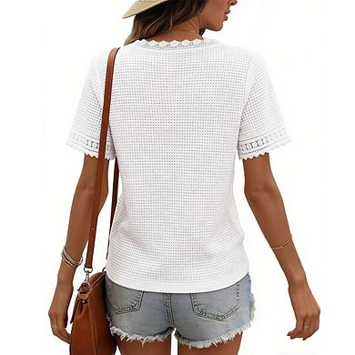 Women's Crochet Knit V Neck Top Lace Trim Short Sleeve Casual Blouse