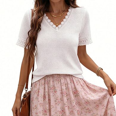 Women's Crochet Knit V Neck Top Lace Trim Short Sleeve Casual Blouse