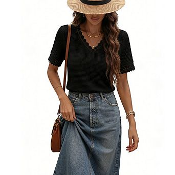 Women's Crochet Knit V Neck Top Lace Trim Short Sleeve Casual Blouse