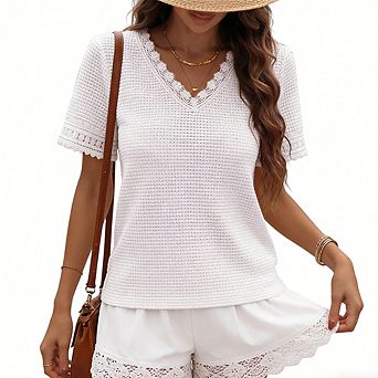 Women's Crochet Knit V Neck Top Lace Trim Short Sleeve Casual Blouse