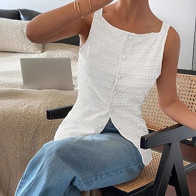 Women's Sleeveless Tank Top Button Front Square Neck Casual Blouse