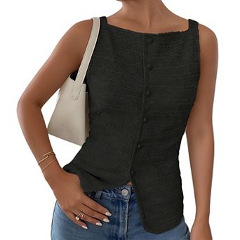 Women's Sleeveless Tank Top Button Front Square Neck Casual Blouse