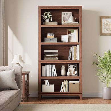 Adjustable 5-Tier Bookshelf for Home Office, Tall 71" Wooden Bookcase with Open Storage Shelves