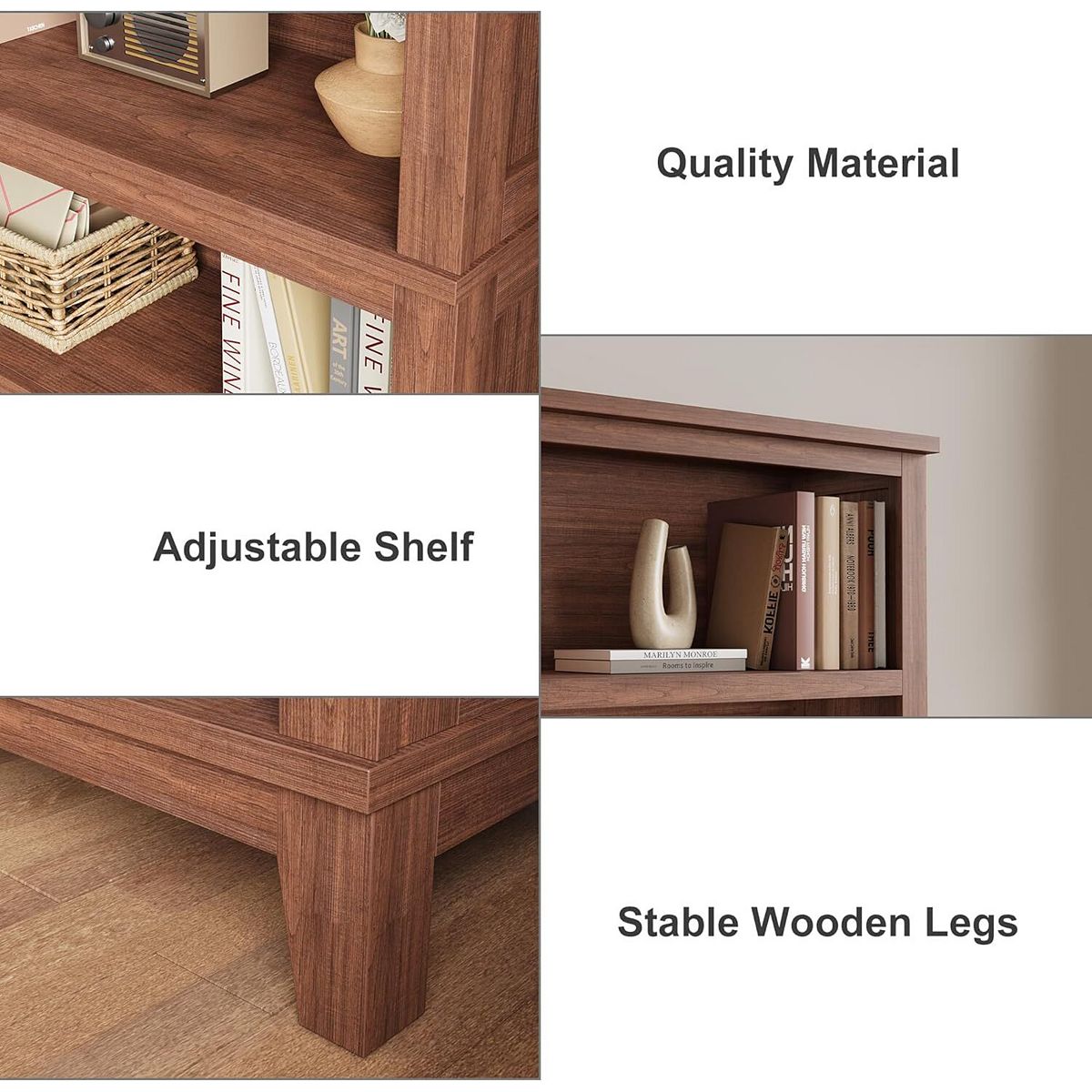 Adjustable shelf bookshelf details showing quality material, stable legs