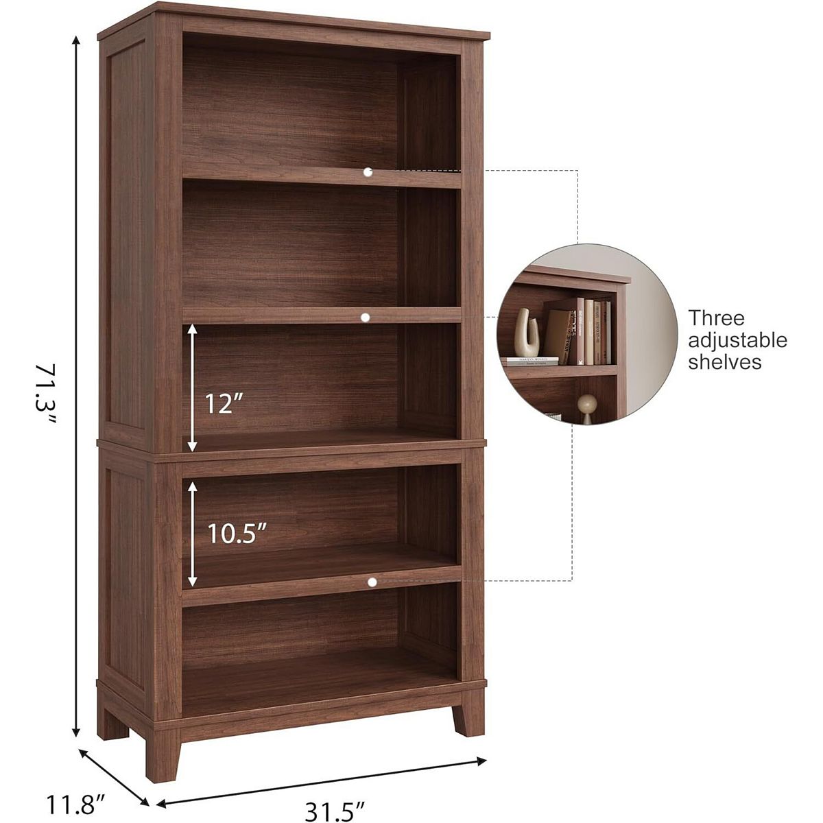 Adjustable 5-tier wooden bookshelf dimensions with adjustable shelves diagram