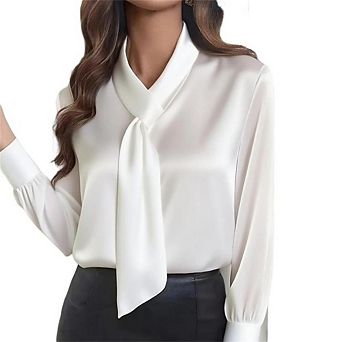 Women's Satin Long Sleeve Blouse Tie Neck V-Neck Office Casual Wear Comfortable Work Shirt