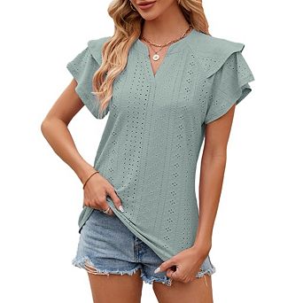 Women's V-Neck Loose Fit Short Sleeve T-Shirt Layered Ruffle Hem Top Casual Summer Blouse