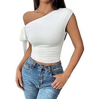 Women's Sleeveless Top Asymmetric Neck Side Bow Fitted Cropped Top