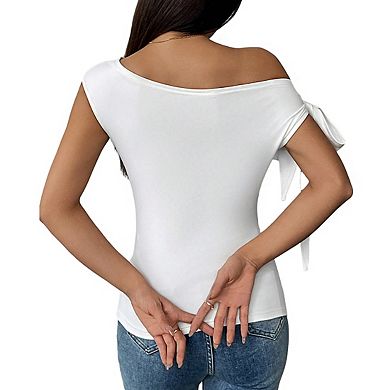 Women's Sleeveless Top Asymmetric Neck Side Bow Fitted Cropped Top