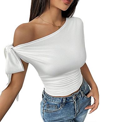 Women's Sleeveless Top Asymmetric Neck Side Bow Fitted Cropped Top