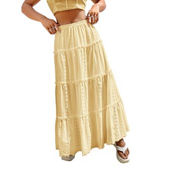 Women's Summer Maxi Skirt Trendy High Waist Pleated Ruffle Long Skirts Flowy Beach Boho Skirt