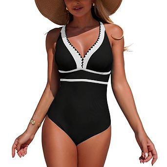 Women One Piece Swimsuit V Halter Neck Tummy Control Bathing Suit with Cross Back