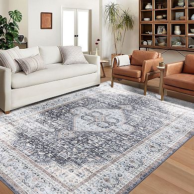 Washable Vintage Distressed Rug Oriental Medallion Design Non-Slip Carpet
