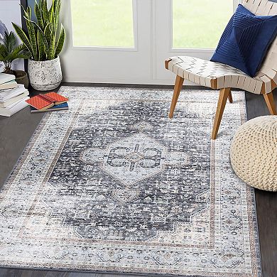 Washable Vintage Distressed Rug Oriental Medallion Design Non-Slip Carpet