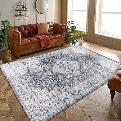 Washable Vintage Distressed Rug Oriental Medallion Design Non-Slip Carpet