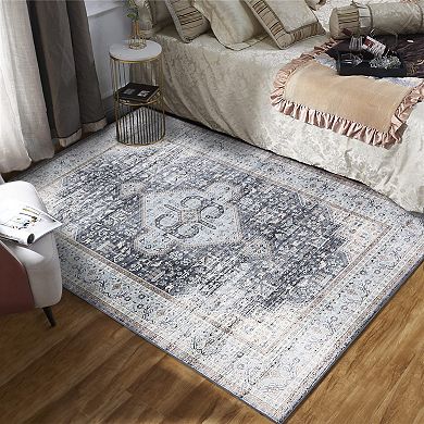 Washable Vintage Distressed Rug Oriental Medallion Design Non-Slip Carpet