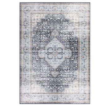 Washable Vintage Distressed Rug Oriental Medallion Design Non-Slip Carpet