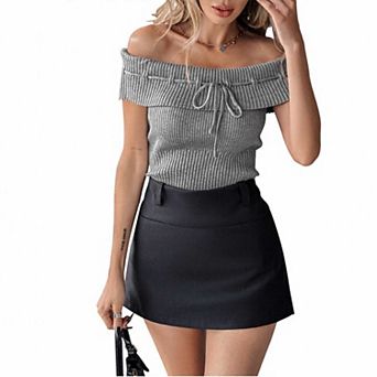 Women's Off Shoulder Bow Tie Knit Top, Slim Fit Cropped Ribbed Sweater for Spring Summer