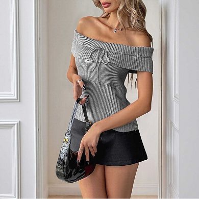 Women's Off Shoulder Bow Tie Knit Top, Slim Fit Cropped Ribbed Sweater for Spring Summer