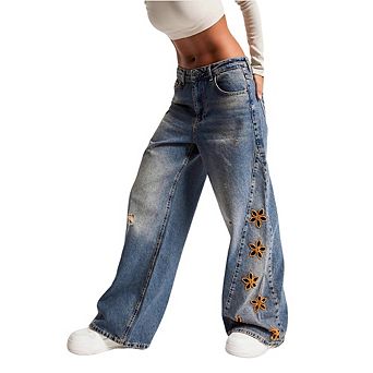 Women High Waisted Wide Leg Jeans with Floral Cutout Embroidery Distressed Baggy Denim Pants