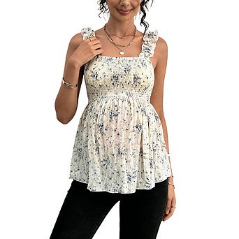Women's Maternity Floral Print Smocked Tank Top Ruffle Strap Sleeveless Peplum Baby Shower Top