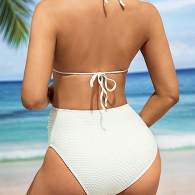 Women 3 Piece Maternity Bikini Set Ruffled Textured Halter High Waist Swimwear