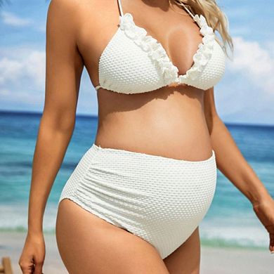Women 3 Piece Maternity Bikini Set Ruffled Textured Halter High Waist Swimwear