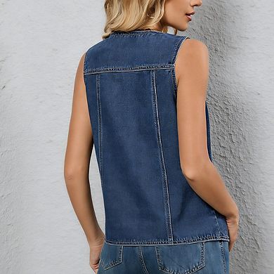 Women's Sleeveless V Neck Denim Vest Button Front Tops With Pockets