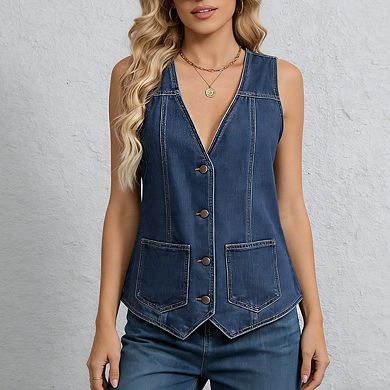 Women's Sleeveless V Neck Denim Vest Button Front Tops With Pockets