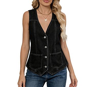 Women's Sleeveless V Neck Denim Vest Button Front Tops With Pockets