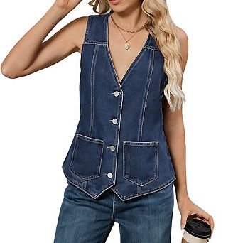Women's Sleeveless V Neck Denim Vest Button Front Tops With Pockets