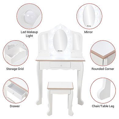 Kids Vanity Table and Chair Set Wooden Makeup Desk with Adjustable LED Lights, Tri-Fold Mirrors
