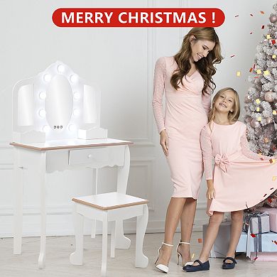 Kids Vanity Table and Chair Set Wooden Makeup Desk with Adjustable LED Lights, Tri-Fold Mirrors