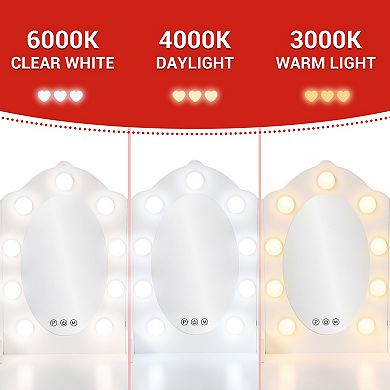 Kids Vanity Table and Chair Set Wooden Makeup Desk with Adjustable LED Lights, Tri-Fold Mirrors