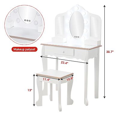 Kids Vanity Table and Chair Set Wooden Makeup Desk with Adjustable LED Lights, Tri-Fold Mirrors