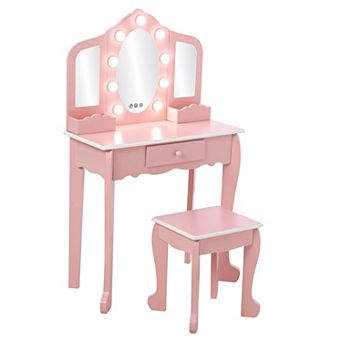 Kids Vanity Table and Chair Set Wooden Makeup Desk with Adjustable LED Lights, Tri-Fold Mirrors