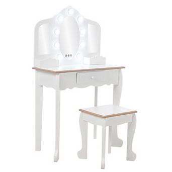 Kids Vanity Table and Chair Set Wooden Makeup Desk with Adjustable LED Lights, Tri-Fold Mirrors