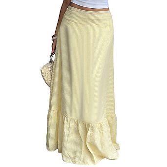 Women Striped Ruffle Hem Maxi Skirt High Waisted Flowy Beach Skirt