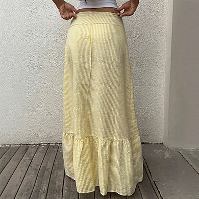 Women Striped Ruffle Hem Maxi Skirt High Waisted Flowy Beach Skirt