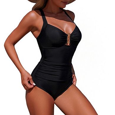 Women's Halter Neck 1 Piece Swimsuit Ruched Front Keyhole Detail Cross Back Strap Bikini