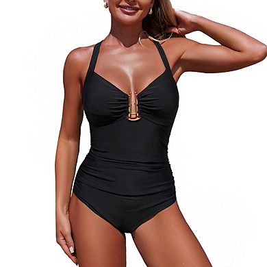 Women's Halter Neck 1 Piece Swimsuit Ruched Front Keyhole Detail Cross Back Strap Bikini