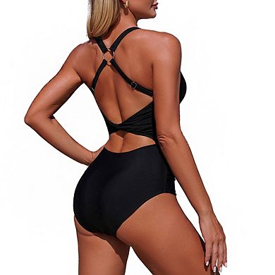 Women's Halter Neck 1 Piece Swimsuit Ruched Front Keyhole Detail Cross Back Strap Bikini