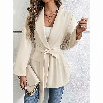 Women Casual Blazer One Button Jacket with Belt