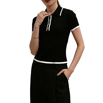 Women's Knit Polo Shirt Short Sleeve Contrast Trim Button Front Office Casual Summer Blouse Top