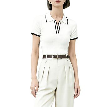 Women's Knit Polo Shirt Short Sleeve Contrast Trim Button Front Office Casual Summer Blouse Top