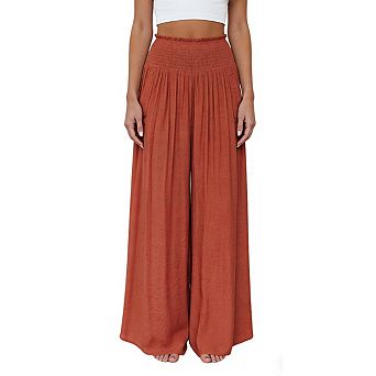 Women's Smocked Waist Wide Leg Trousers with Side Pockets Relaxed Fit Long Pants