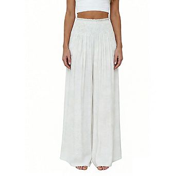 Women's Smocked Waist Wide Leg Trousers with Side Pockets Relaxed Fit Long Pants