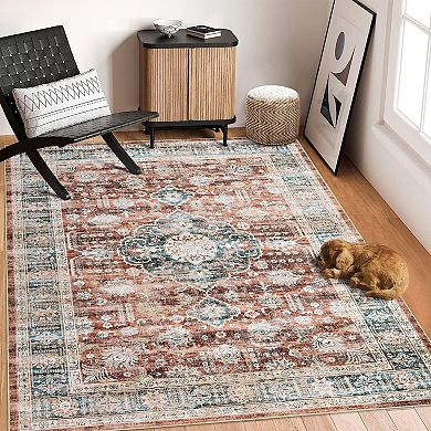 Washable Rug Oriental Floral Distressed Carpet Retro Non Slip Backing Throw Carpet