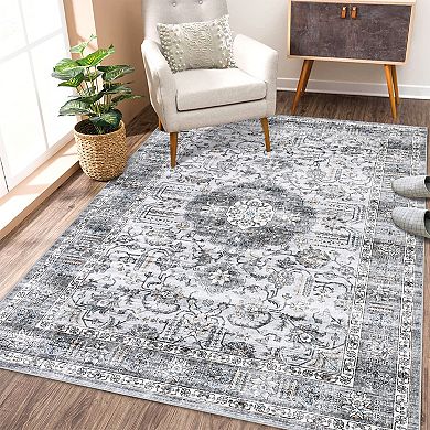 Washable Rug Oriental Floral Distressed Carpet Retro Non Slip Backing Throw Carpet